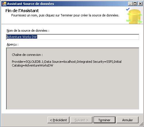Achèvement de la page Assistant de l'Assistant Source de données