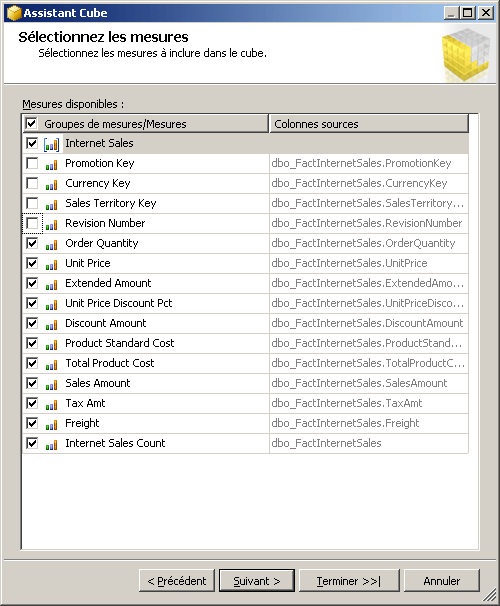 Assistant Cube : Sélectionner les mesures