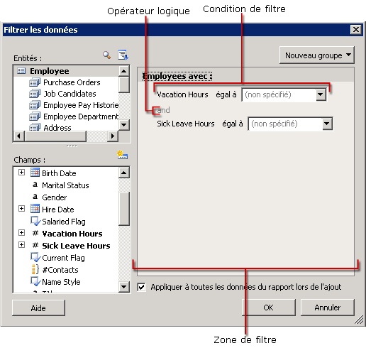 Boîte de dialogue Filtrer les données