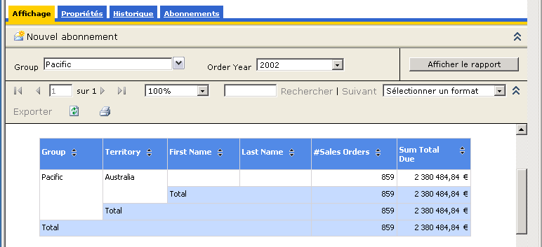 Paramètre Group et Order Year dans un rapport rendu.