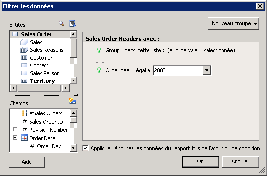 Boîte de dialogue Filtrer les données avec paramètres spécifiés.