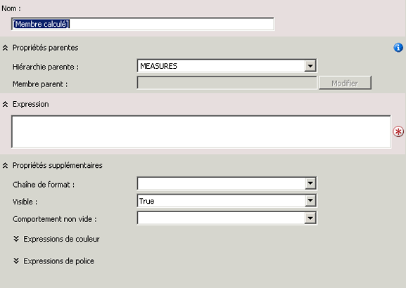 Formulaire du volet des expressions de calcul