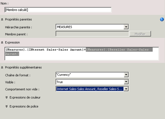 Volet des expressions de calcul rempli