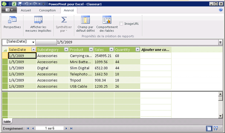 Onglet Options avancées de la fenêtre PowerPivot