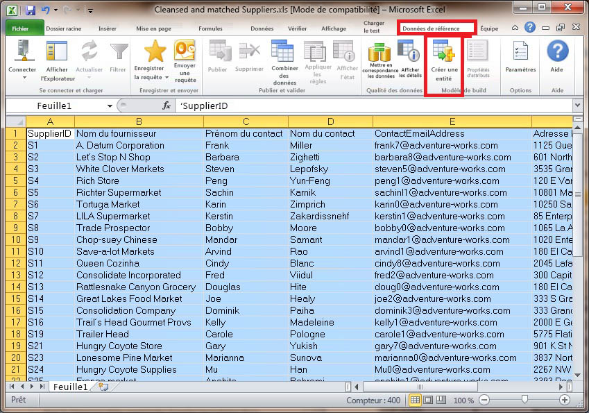 Excel - Onglet des données de référence - Bouton Créer entité