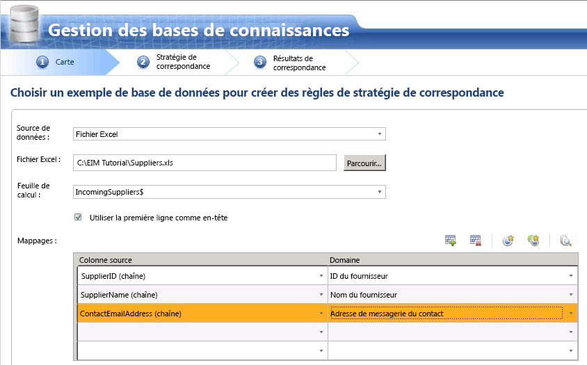 Page de mappage du processus de définition de la stratégie de correspondance