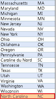 Excel - Ajouter North Carolina aux États