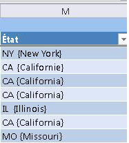 Excel - Codes et noms d'États mis au jour