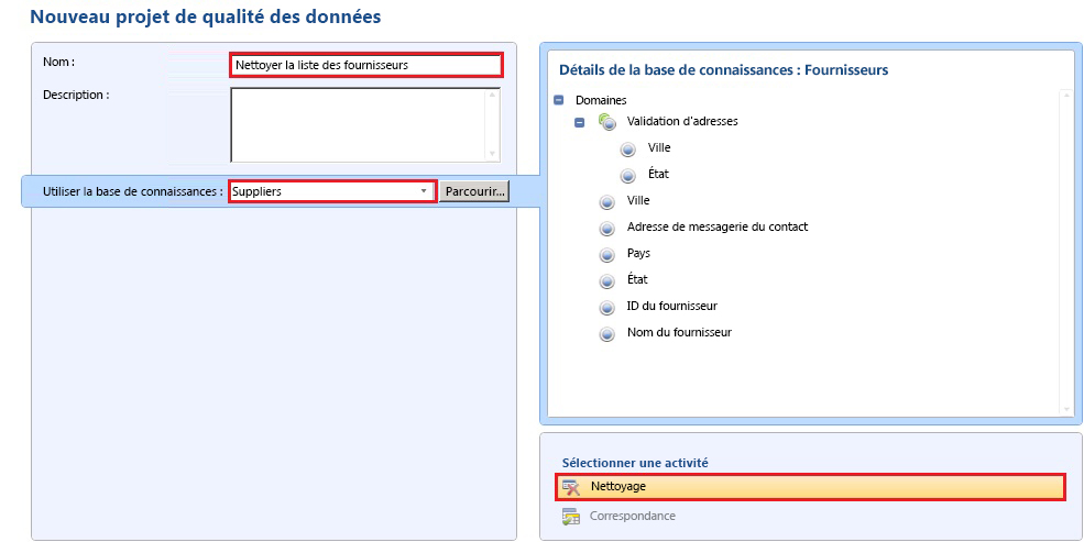 Page Nouveau projet de qualité des données - Nettoyage sélectionné