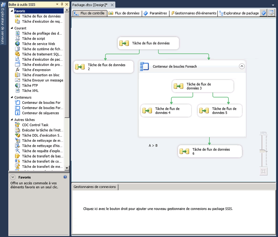 Capture d'écran du concepteur de flux de contrôle avec le package