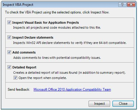 La fenêtre de la boîte de dialogue de l'inspecteur de compatibilité du code Microsoft Office 2010 propose quatre options à choisir en réponse à la demande d'inspecter le code VBA pour Word, Excel ou PowerPoint