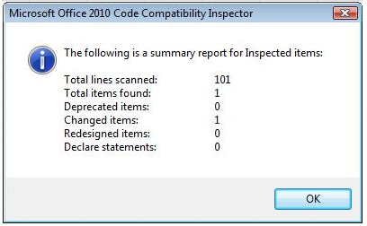 Fenêtre de résumé de l'inspecteur de compatibilité du code Microsoft Office 2010