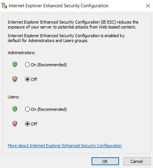 Capture d’écran de la fenêtre Configuration de sécurité renforcée d’Internet Explorer. L’option Off est sélectionnée.