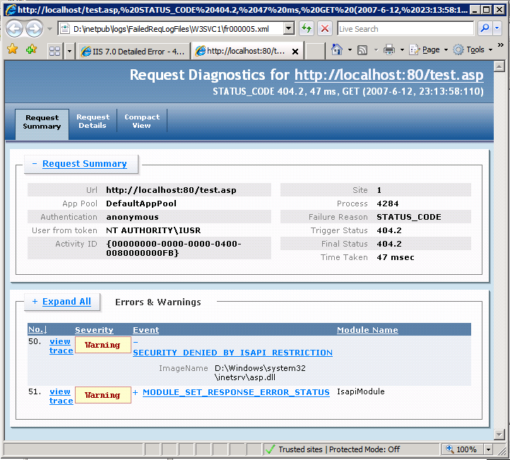 Capture d’écran montrant Internet Explorer. L’onglet Résumé de la demande est sélectionné et deux avertissements sont répertoriés.