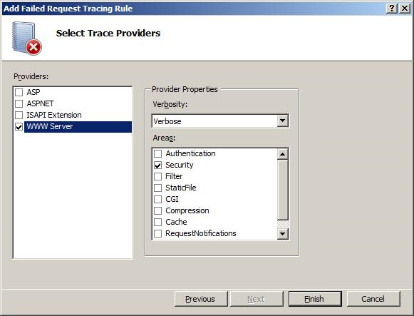 Capture d’écran montrant la page Sélectionner les fournisseurs de trace. W W Server est sélectionné sous Fournisseurs et Sécurité est sélectionné sous Verbose.