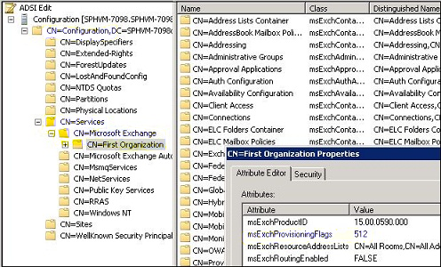 Capture d’écran de la valeur msExchProvisioningFlags dans AD.