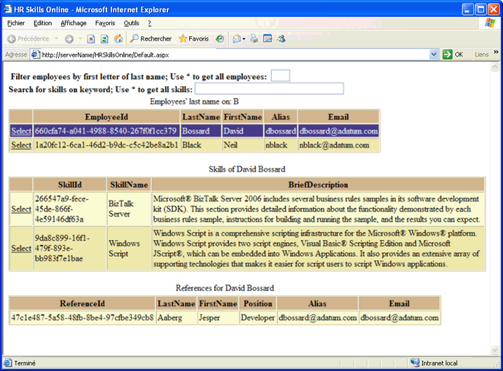 Résultats de la requête de l'application ASP.NET HR Skills