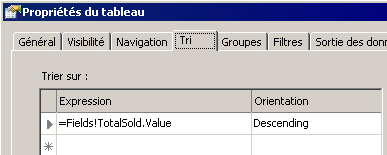 Boîte de dialogue Propriétés du tableau, onglet Tri