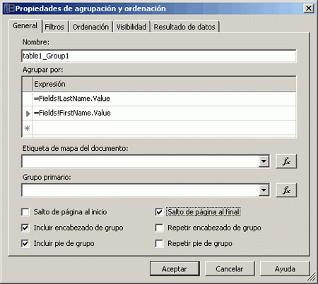 Onglet Général, page Propriétés de regroupement et de tri