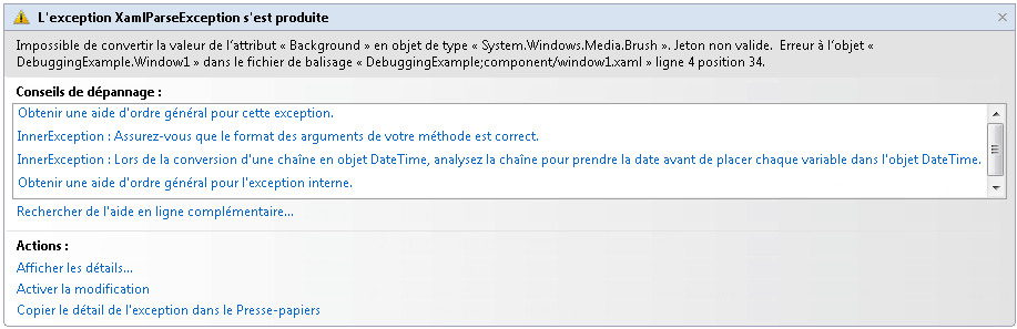 Assistant Exception affichant une erreur d'analyse XAML