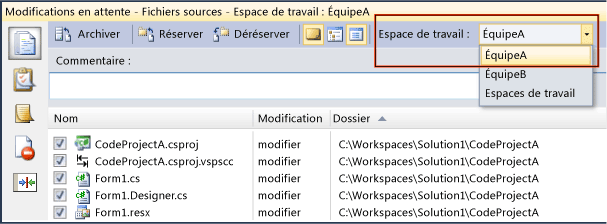 Modifications en attente dans un espace de travail sélectionné