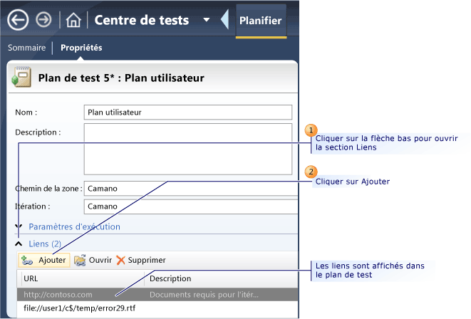 Ajouter des liens externes au plan de test