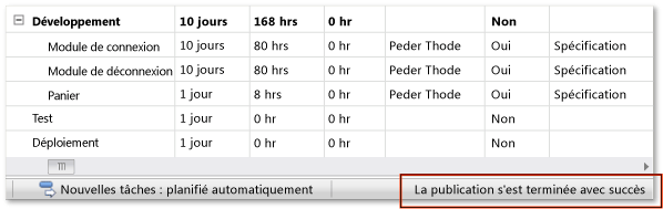 La publication de la progression apparaît dans la barre d'état