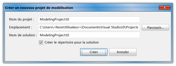 Boîte de dialogue Créer un nouveau projet de modélisation