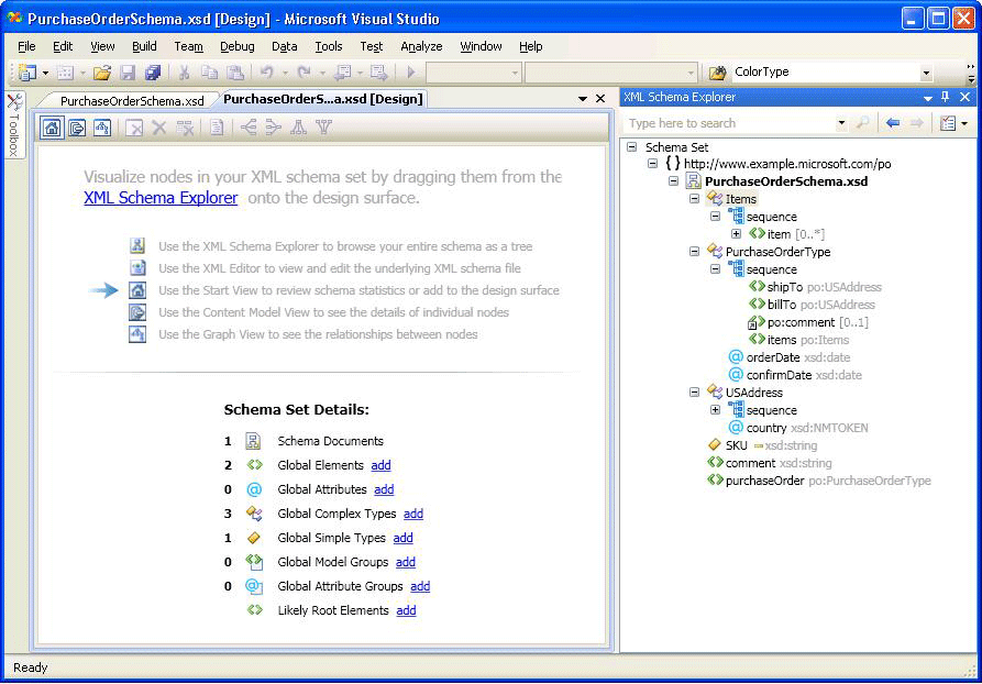 Vue de départ du Concepteur de schémas XML