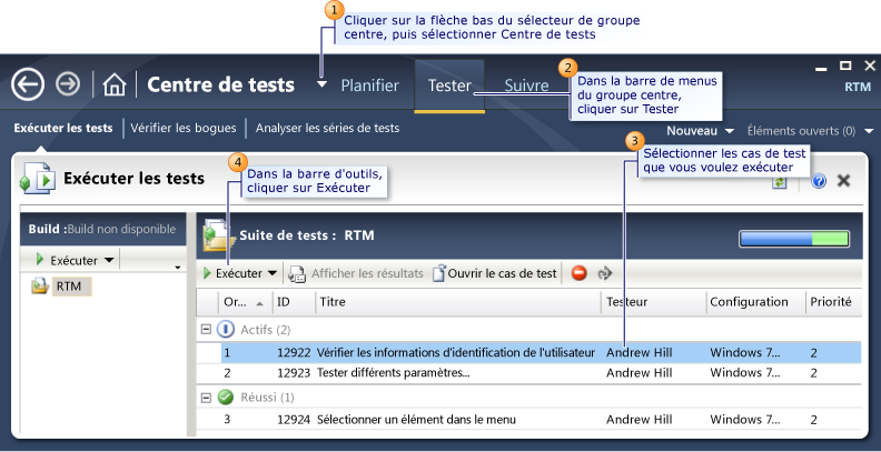 Sélection du test à exécuter dans le Gestionnaire de tests Microsoft