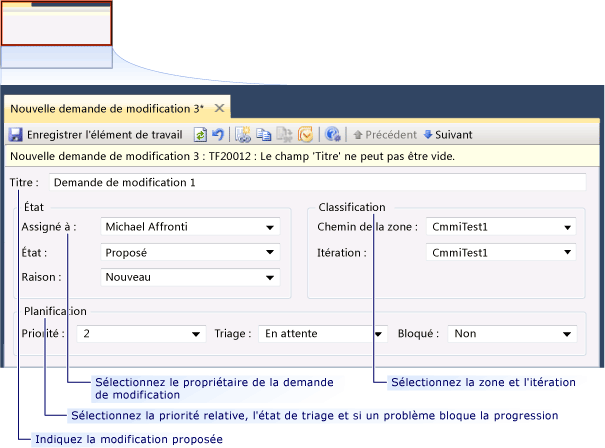 Formulaire d'élément de travail de demande de modification