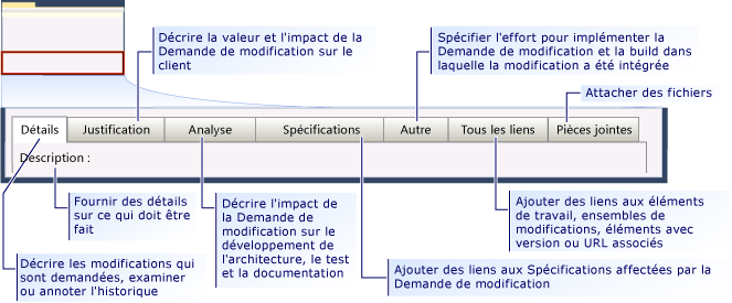 Formulaire d'élément de travail de demande de modification CMMI - onglets