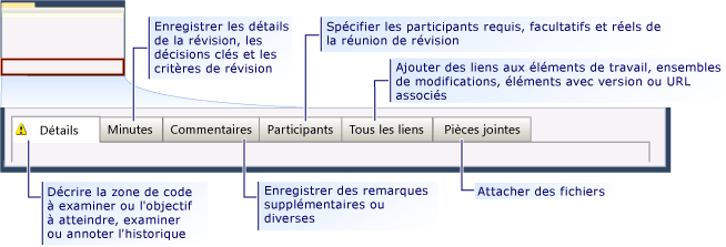 Formulaire d'élément de travail Révision CMMI - onglets