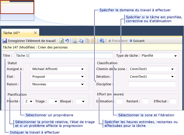 Formulaire d'élément de travail Tâche CMMI