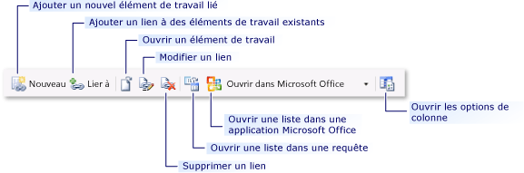 Contrôles de barre d'outils du lien du formulaire d'élément de travail