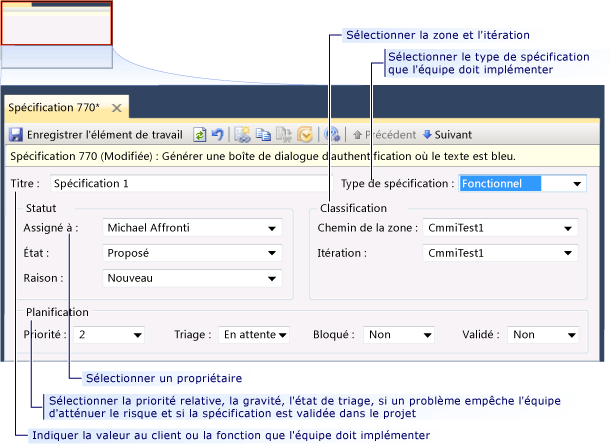 Formulaire d'élément de travail Spécification