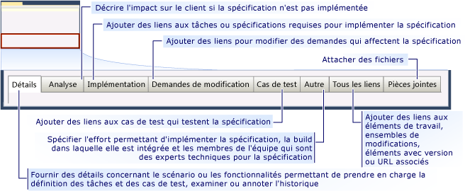 Formulaire d'élément de travail Spécification CMMI - onglets