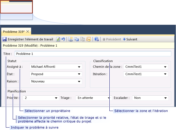 Formulaire d'élément de travail Problème CMMI