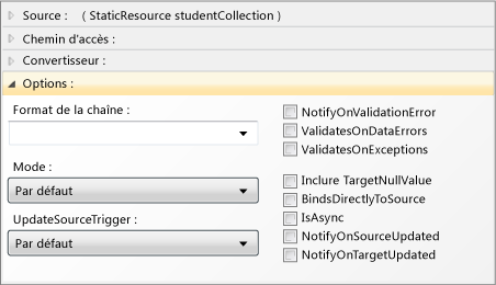 Volet Options du générateur de liaison de données