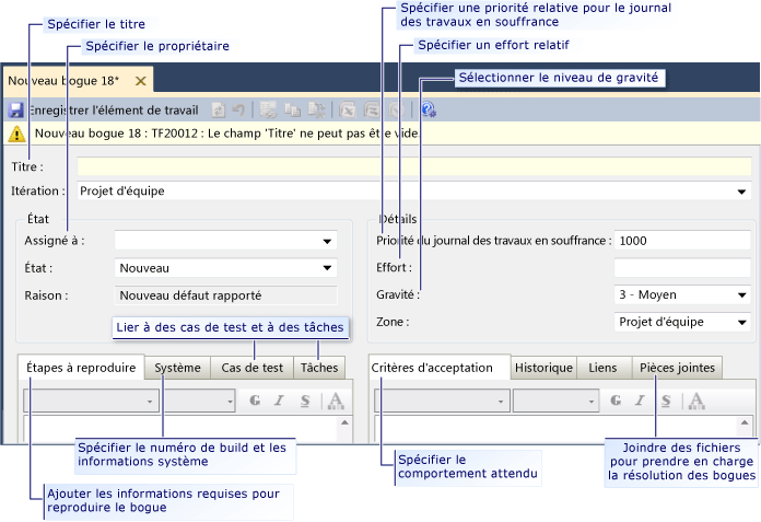 Capture d'écran présentant un nouvel élément de travail Bogue