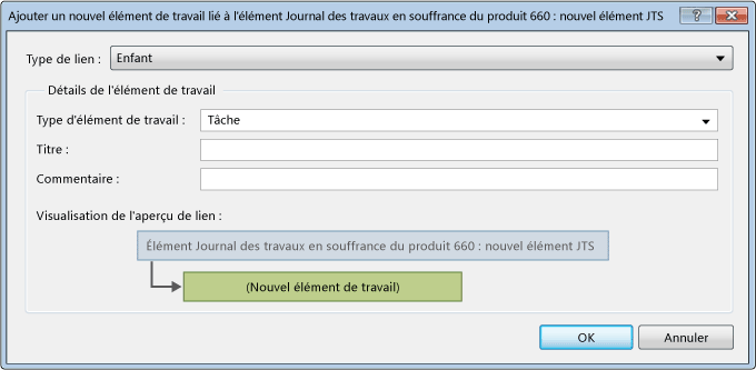 Capture d'écran présentant l'ajout d'un nouvel élément de travail lié