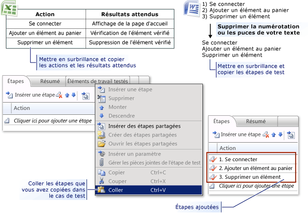 Ajouter des étapes de test à partir de Microsoft Excel ou Word