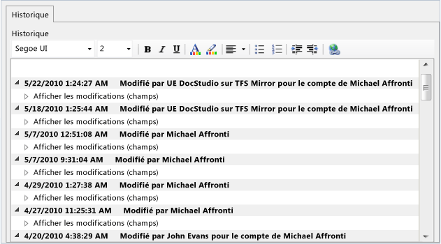 Onglet et champ Historique du formulaire d'élément de travail