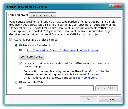 Boîte de dialogue Paramètres du portail du projet