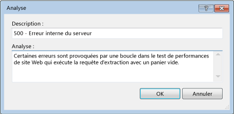 Boîte de dialogue d'analyse pour l'ajout de notes de test de charge