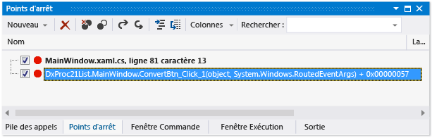 Point d'arrêt de pile des appels dans la fenêtre Points d'arrêt