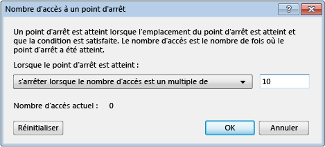 Boîte de dialogue Nombre d'accès à un point d'arrêt