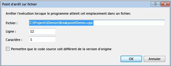 Boîte de dialogue Point d'arrêt sur fichier