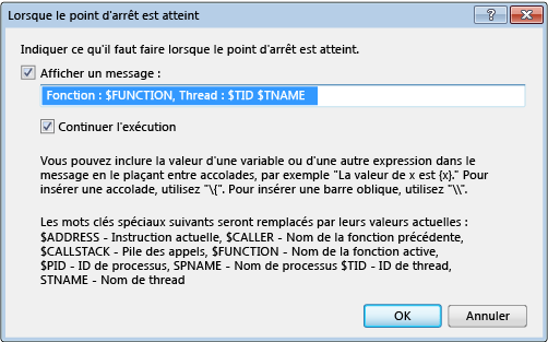 Boîte de dialogue Lorsque le point d'arrêt est atteint
