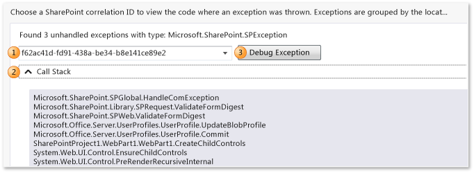 Journal IntelliTrace - exceptions SharePoint non gérées